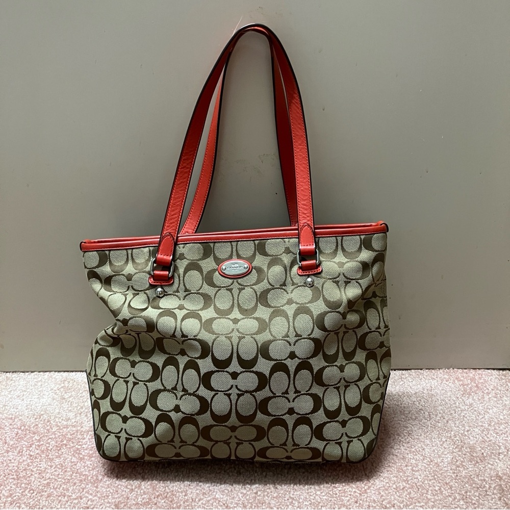 Coach Signature Tote Bag - Red and Tan